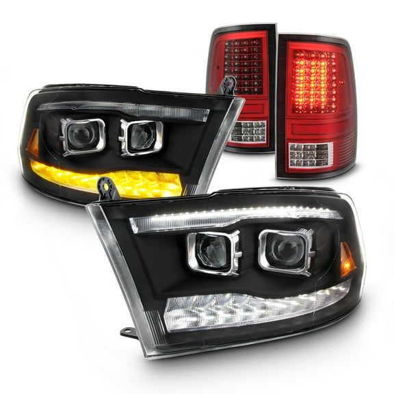 AKKON - Fits 2009-2018 Dodge Ram 1500 2500 3500 Premium Projector LED Headlight   Red Housing Tail Light Combo