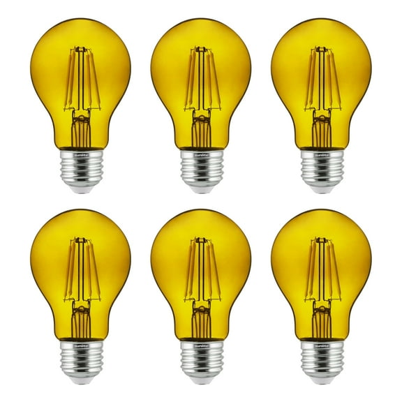 6-Pack Sunlite LED Transparent Yellow A19 Filament Bulbs, 4.5 Watts, Dimmable, UL Listed