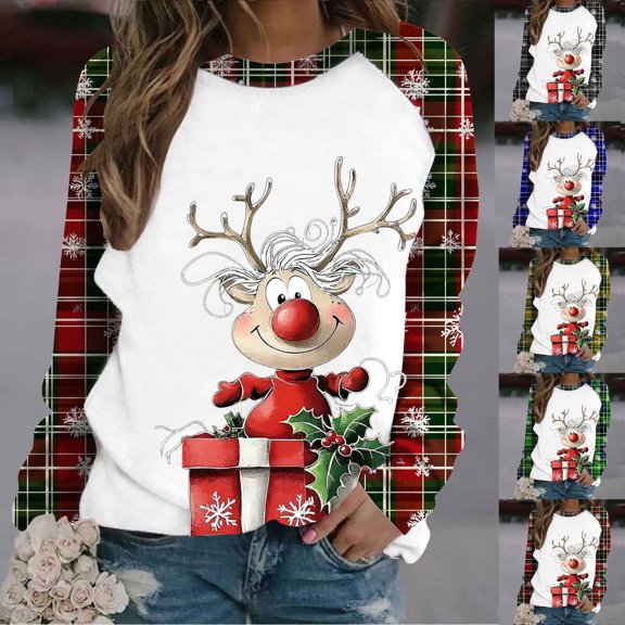Meichang Crew Neck Sweatshirts Women Christmas Reindeer Graphic Sweatshirt Holiday Long Sleeve Raglan Pullover Tops Casual Winter Sweatshirt