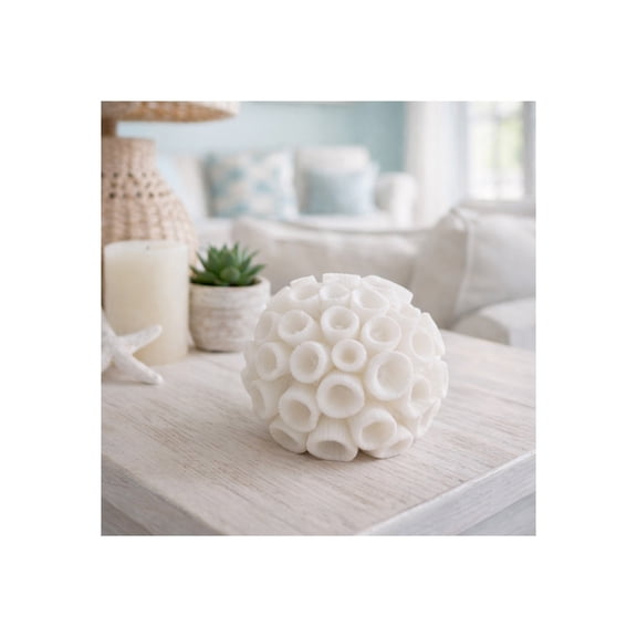 Coastal Resin Coral Orb for Home & Bathroom Decor - Textured Tabletop Accent for Office Shelf or Kitchen Styling - Decorative Coral Sphere for Living Room, Coffee Table or Mantel Display - 5", Ivory
