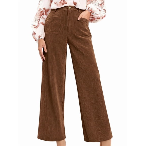 Women'S Corduroy Wide Leg Pants with Patch Pockets Casual Slim Fit Elastic Waist Trousers Brown XL
