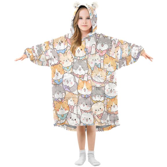 Kids Wearable Blanket Hoodie with 2 Pockets Cat Pattern with Bow Ties Oversize Blankets Sweatshirt for Children Small