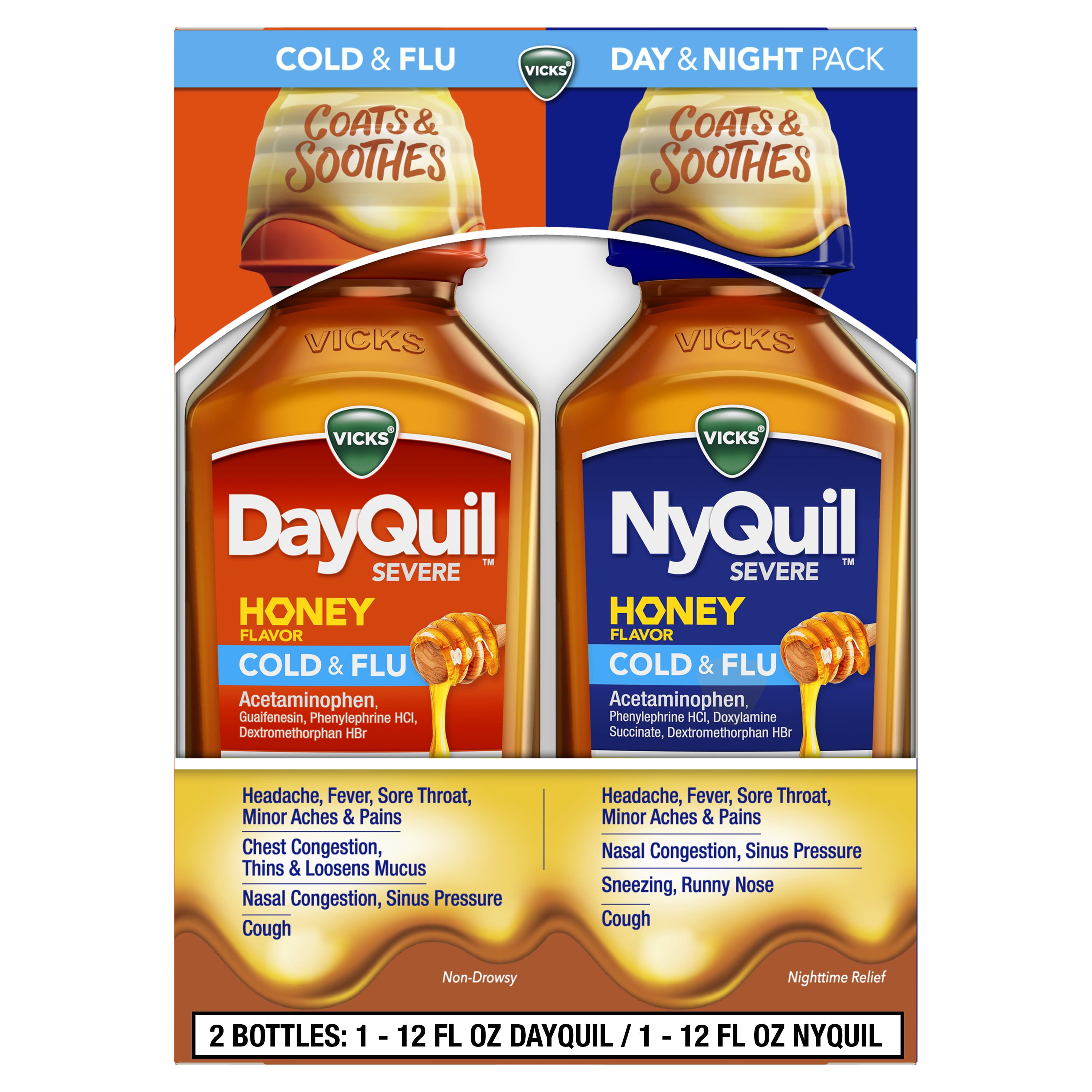 Vicks Dayquil & Nyquil Honey Cough, Cold and Flu Medicine, 12 oz 2 Pk