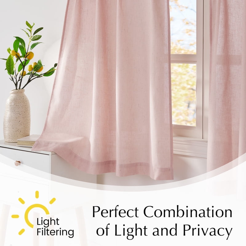 NICETOWN Pleated Linen Curtains for Kitchen, Semi Sheer Light Filtering Short Farmhouse Window Treatment for Bedroom Living Room, Light Pink, 26"x36", 2 Panels Set