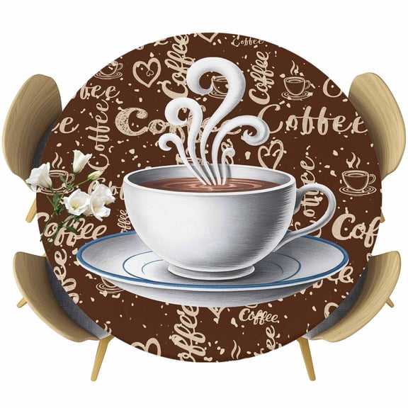 Coffee Round Tablecloth, Fitted Table Cover with Elastic for 36"-44" Round Tables, Vintage Art Farmhouse Table Cloth Outdoor Indoor Dinning Party Waterproof Tablecloths