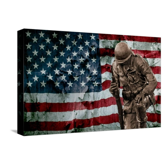 Art.com Solider Statue and American Flag by Identical Exposure Stretched Canvas Print Wall Art, 18" x 12"