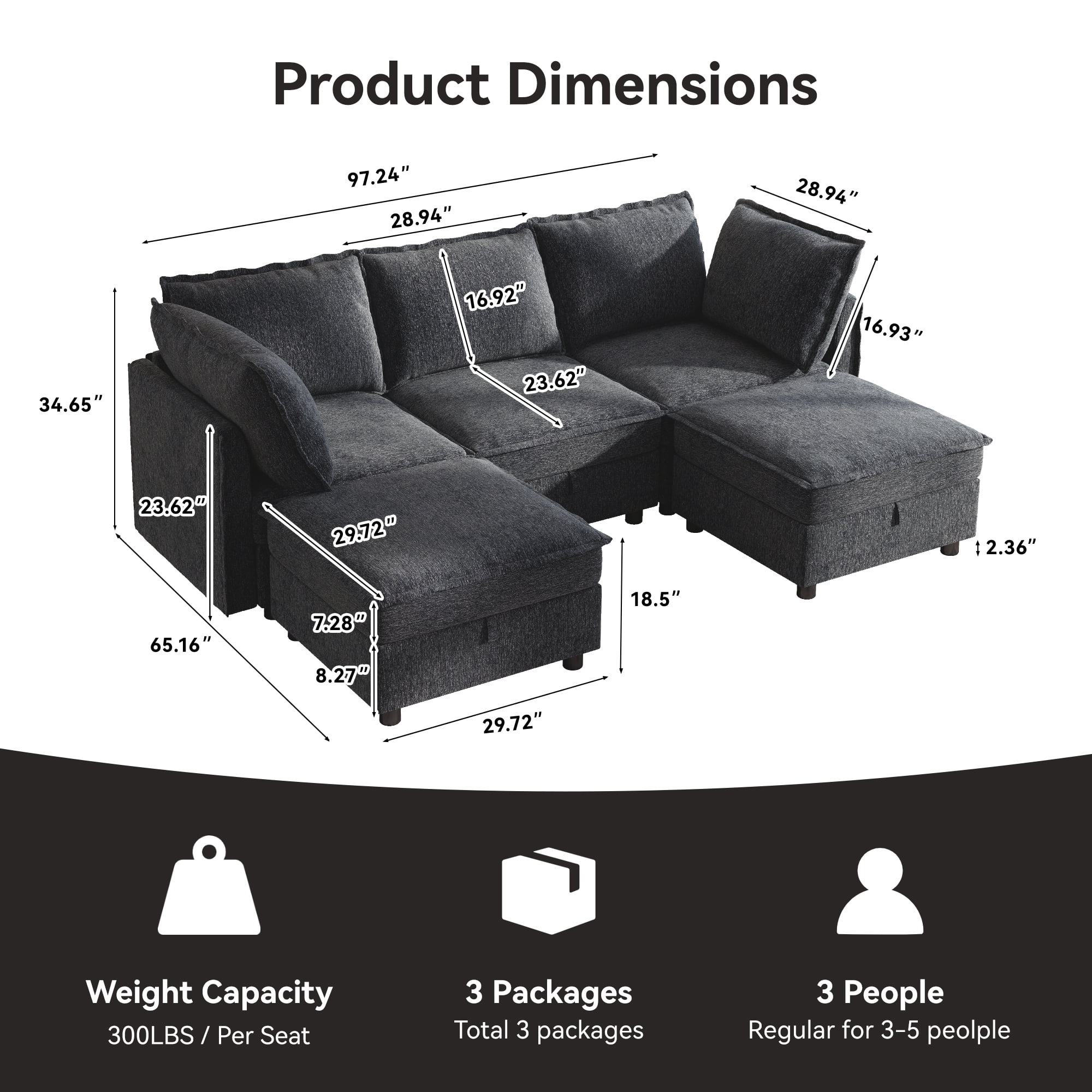 BedLuxury 97" Modular Sectional Sofa with Storage, U-Shaped Modern Sofa Couch with Movable Ottomans for Living Room, Office,Dark Gray