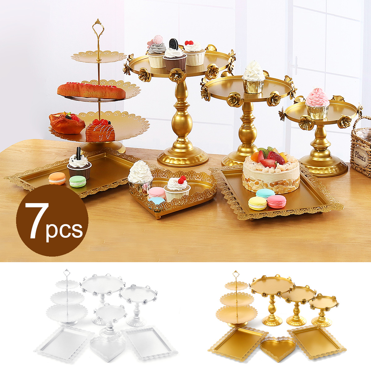 Set of 7 Pieces Cake Stands Iron Gold/White Cupcake Holder Set of 7 Pieces Cake Stands Iron Gold/White Cupcake Holder