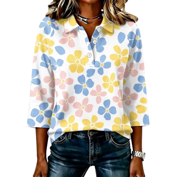 JULMCOMO Women's Summer Tops Floral Print Collared Button 3/4 Sleeve Loose Fit Trendy Golf Shirts Summer Daily Graphic Tees Yellow S