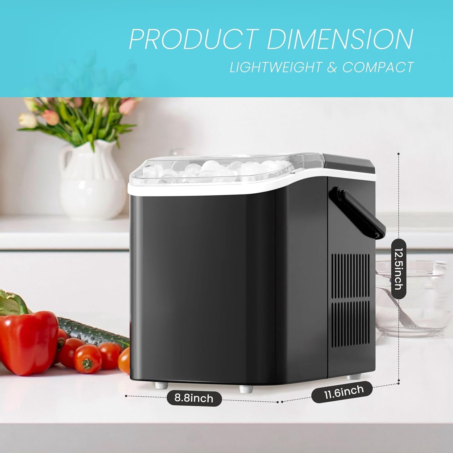 Portable Ice Maker Countertop, 6-Minute 9-Bullet Ice Cubes with Basket and Scoop, 26lbs Daily, Auto-Cleaning, for Home Kitchen RV Camping in White