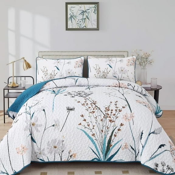 Teal Quilt Size Floral Botanical King Quilt Bedding Set 3 Pieces Soft Lightweight Microfiber Flower Bedspread Coverlet Set for All Season, 112"x96"