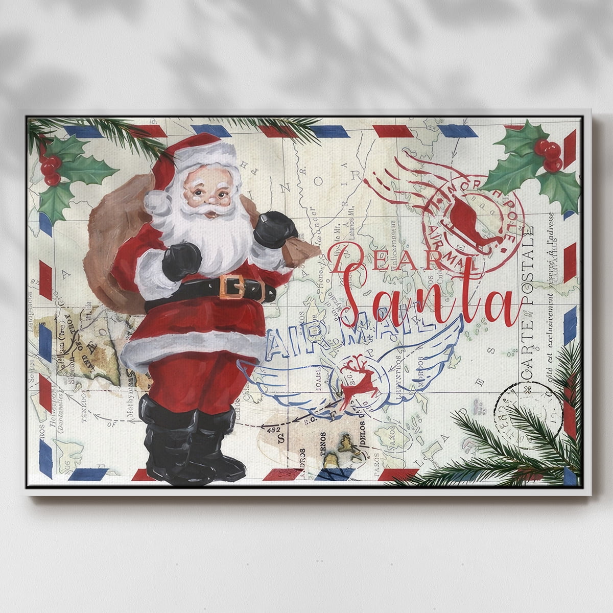 Christmas Par Avion Collection A - Framed Gallery Wrapped Holiday Canvas - 17 x 25 - White Frame