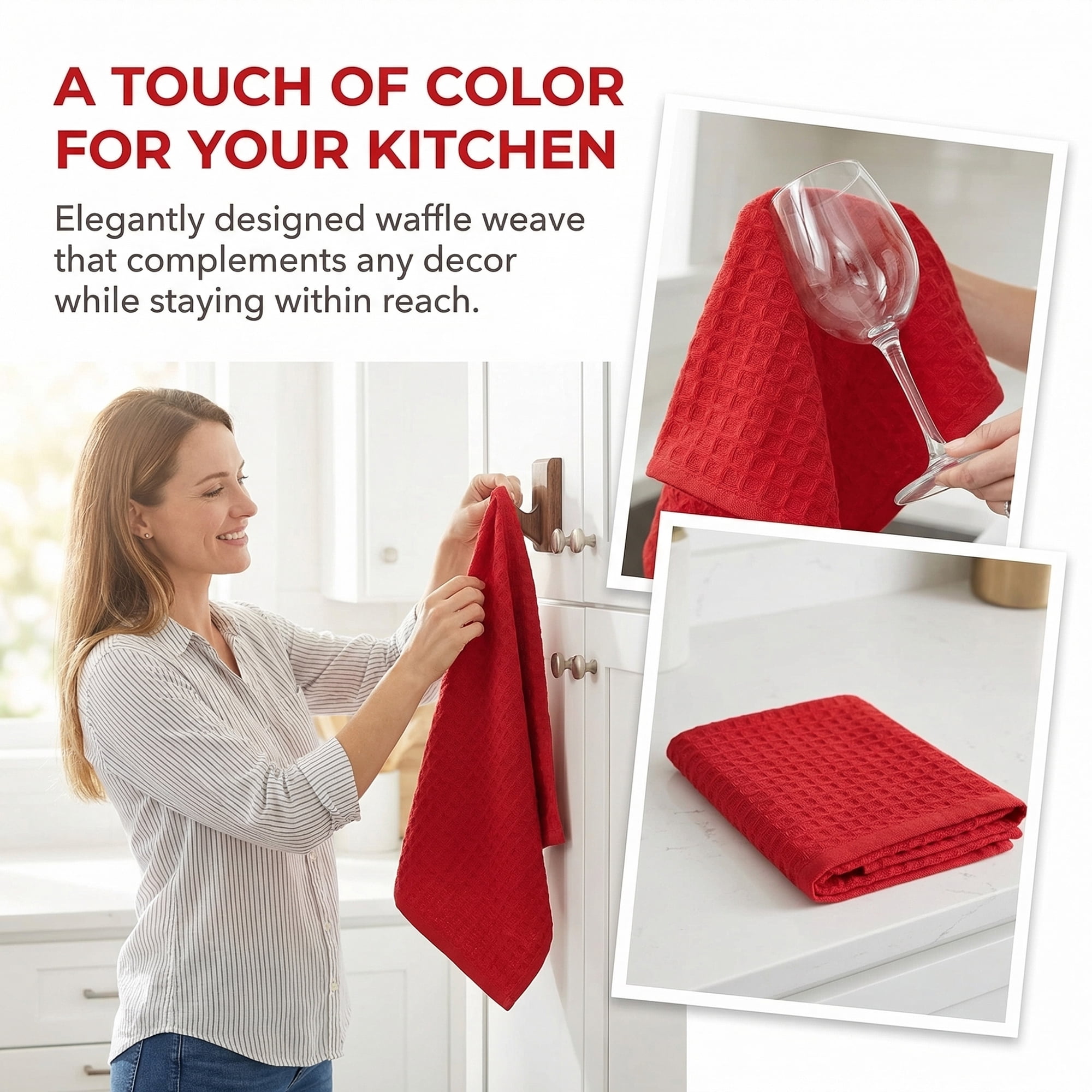 Unique Bargains 100% Cotton Waffle Weave Solid color Kitchen Towels 4 Pack Red 12" x 12"