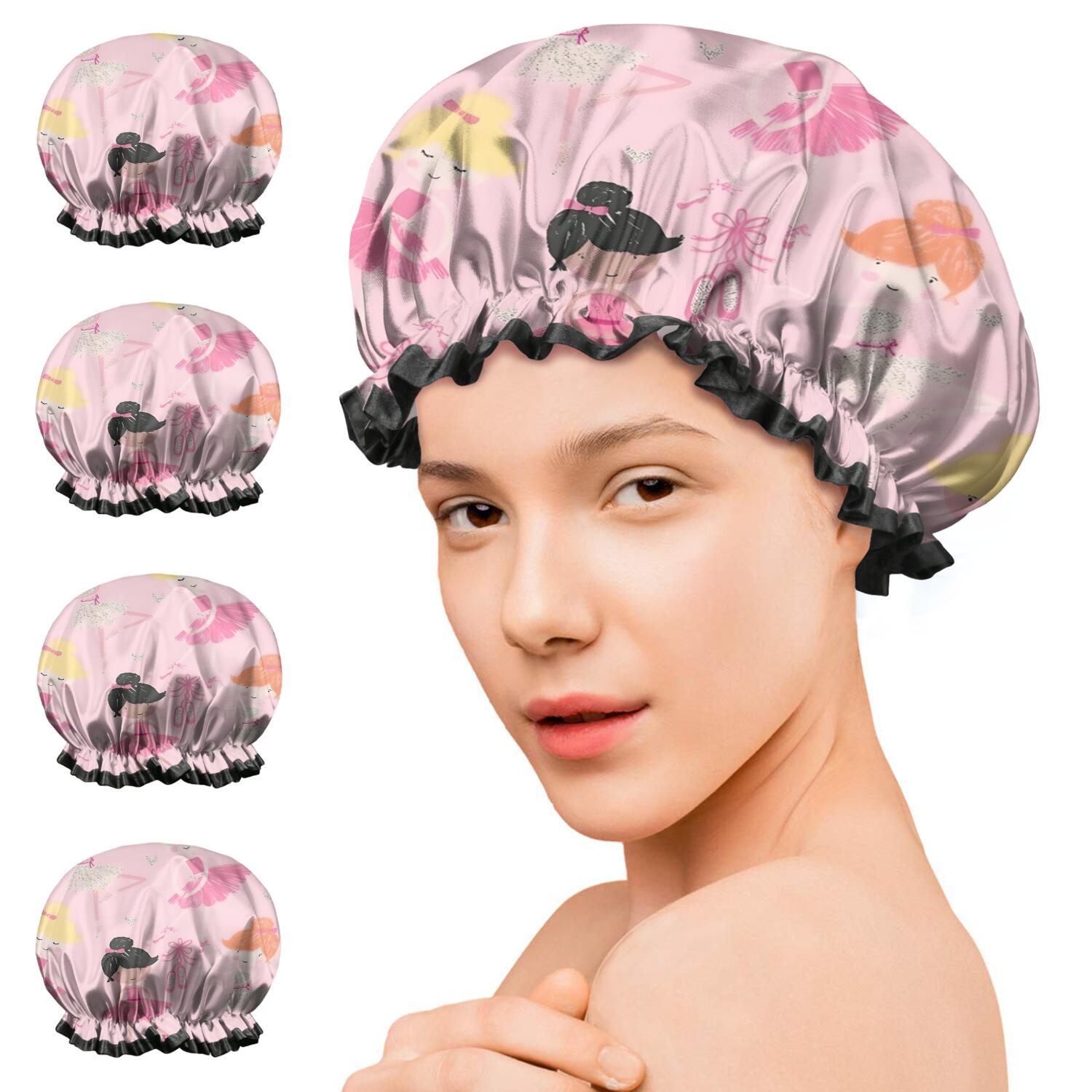 Shower Caps,Ballet Princess Pattern Waterproof Shower Cap for Women 4 Pieces,Double Reusable Hair Cover for Shower PEVA Elastic Stretch Hem