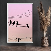 PixonSign Framed Canvas Print Wall Art Pink and Purple Sky with Birds Animals Wildlife Illustrations Modern Art Minimalist Scenic Fun Multicolor Ultra for Living Room, Bedroom, Office - 16"x24" White
