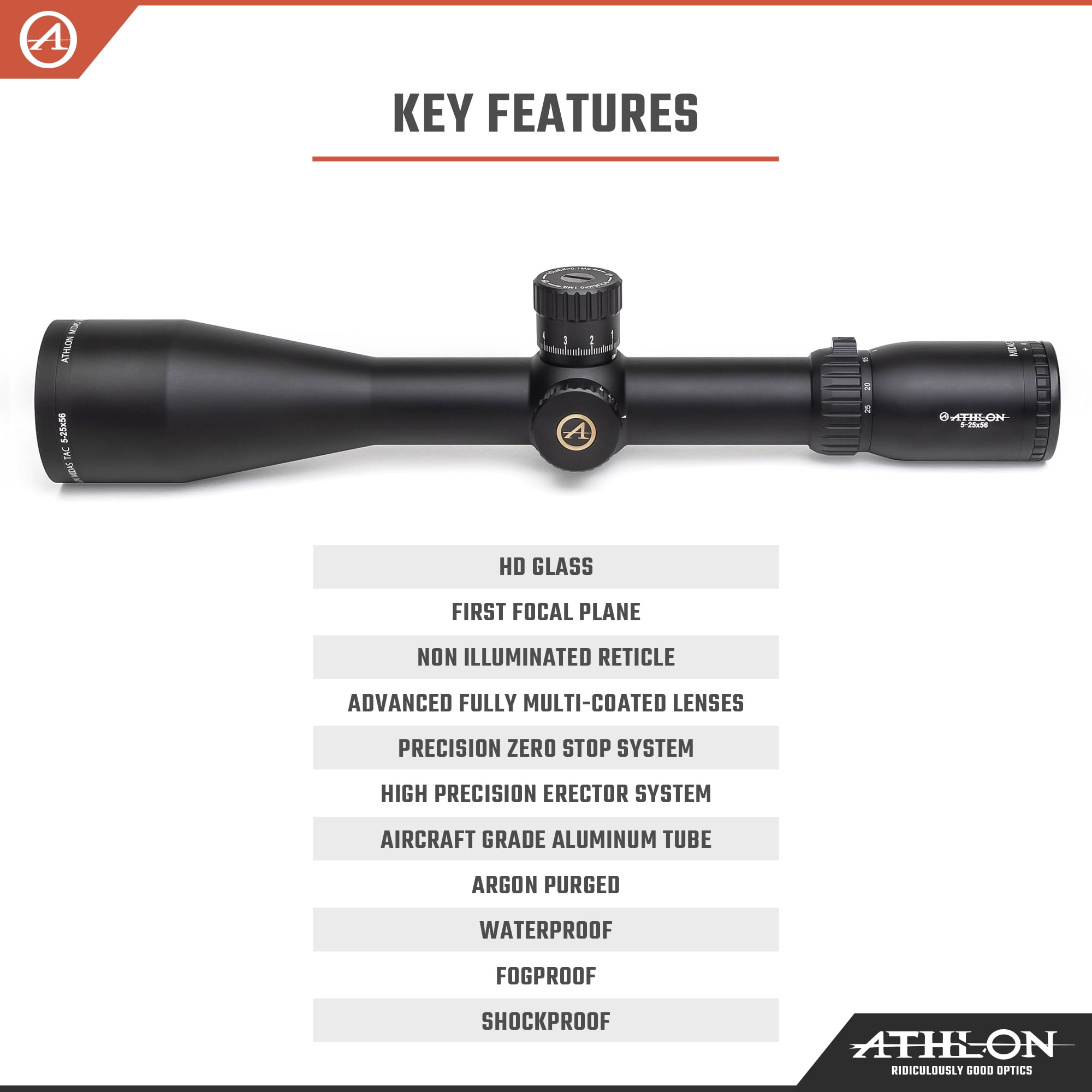 Athlon Optics Midas TAC HD 5-25x56 Direct Dial Elevation and Capped Windage Turrets, Side Focus, 34mm, APRS3 FFP MIL Riflescope