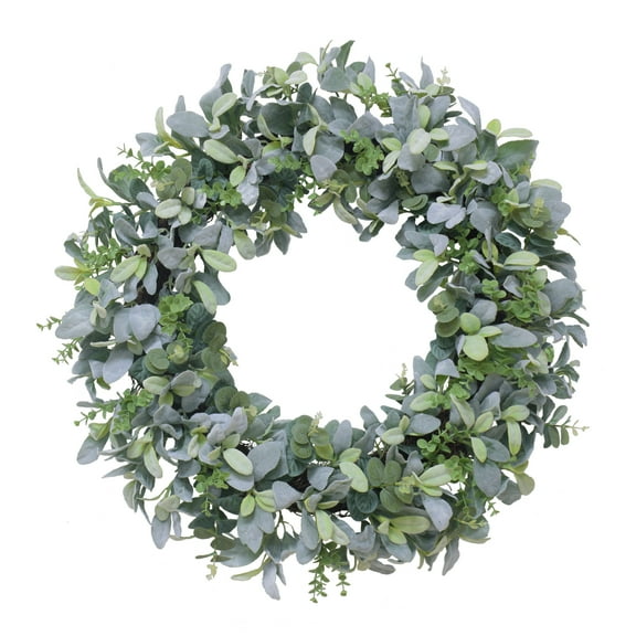 Puleo International 28" Artificial Flocked Lambs Ear Spring Door Wreath, Green/Gray