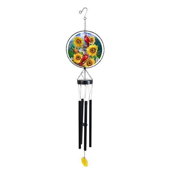 Briarwood Lane Summer LED Illuminated Solar Powered Glass Suncatcher  Wind Chime 37x8 Cardinals and Sunflowers For Summer Wind Chime For Outdoors Melodic Metal Windchimes Wind-Chimes