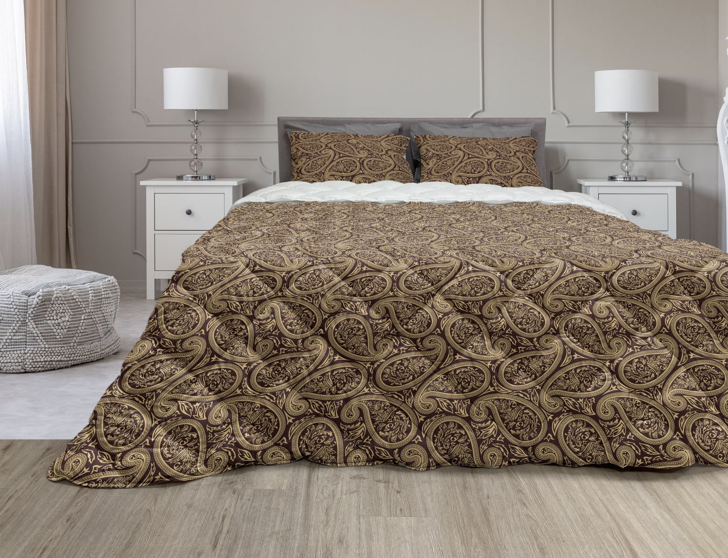 Batik Comforter & Sham Bedding Set, Oriental Paisley Leaves Motif with