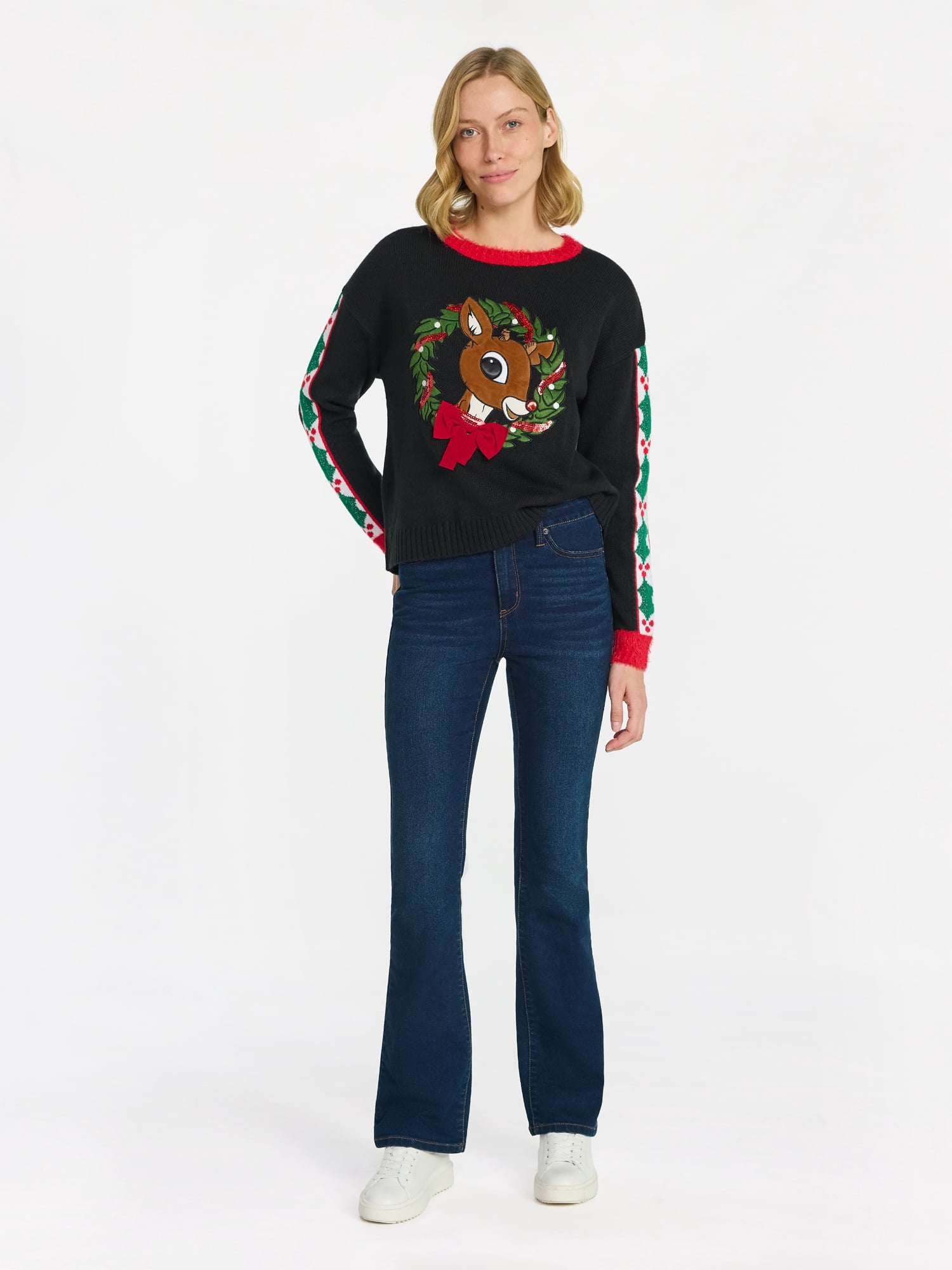 Rudolph Women's Embellished Christmas Sweater with Long Sleeves, Midweight, Sizes XXS-XXL