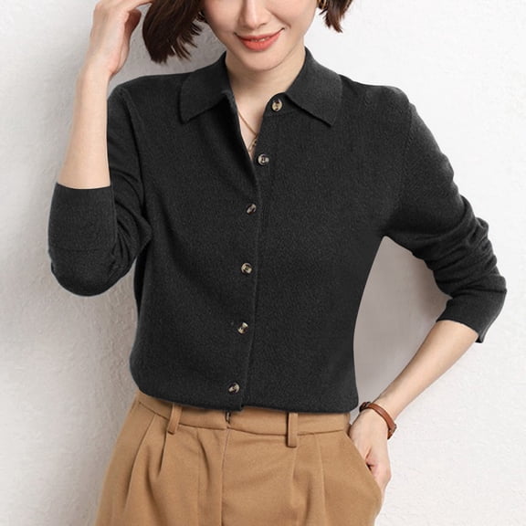 HOWPAY Cardigan Sweaters for Women Oversized Solid Color Button up Long Sleeve Casual Jacket Classic Crew Neck Soft Y2K Fall Clothes Black L