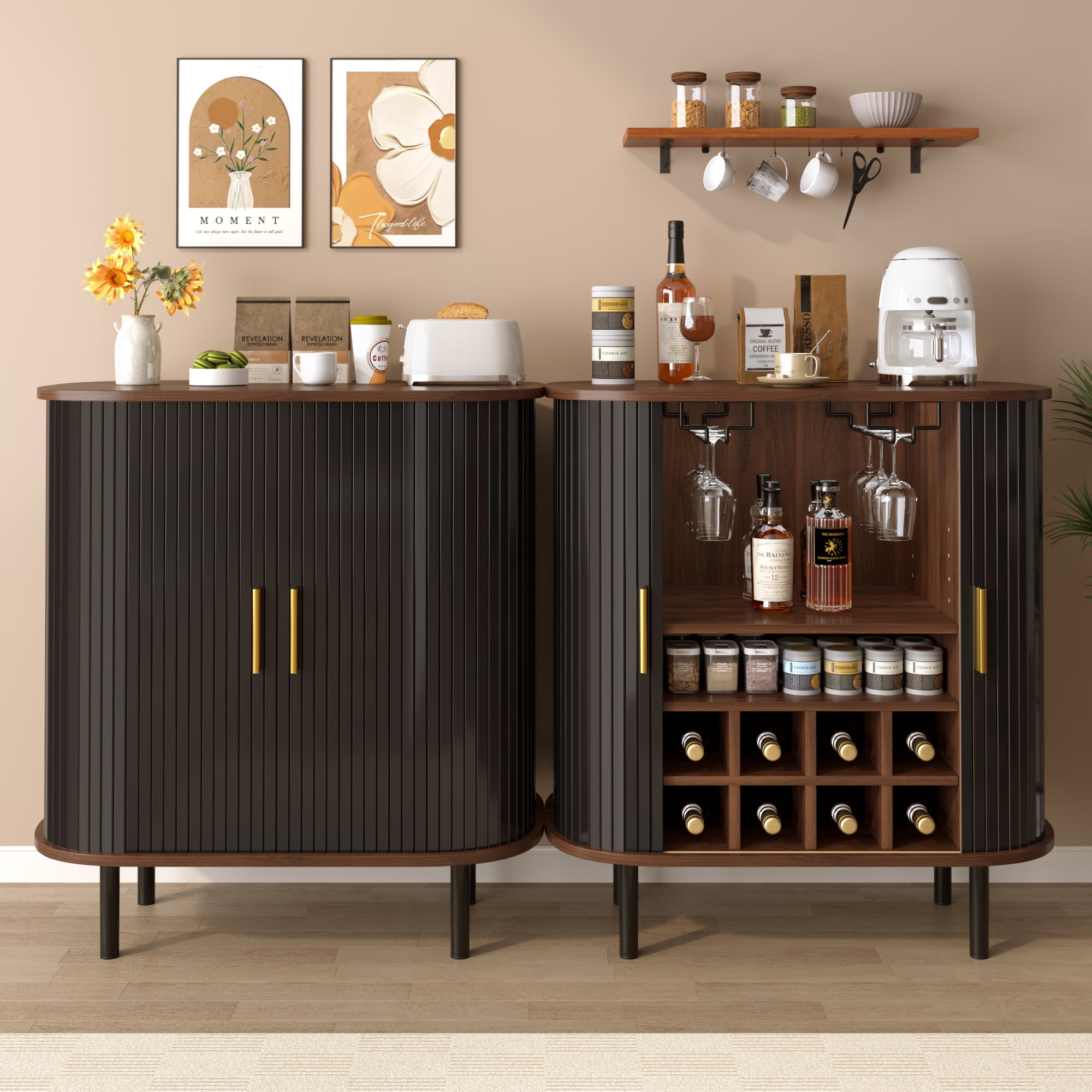 Mintazer 28" Modern Wine Bar Cabinet with Fluted Doors & Drawer, Storage Cabinet with 6 Wine Racks and 3 Glass Holders for Kitchen Living Room, Black