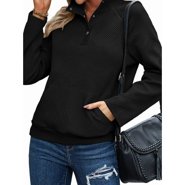 Womens Casual Textured Long Sleeve Henley Button V Neck Loose Pullover Trendy Fall Outfits Tops Black L