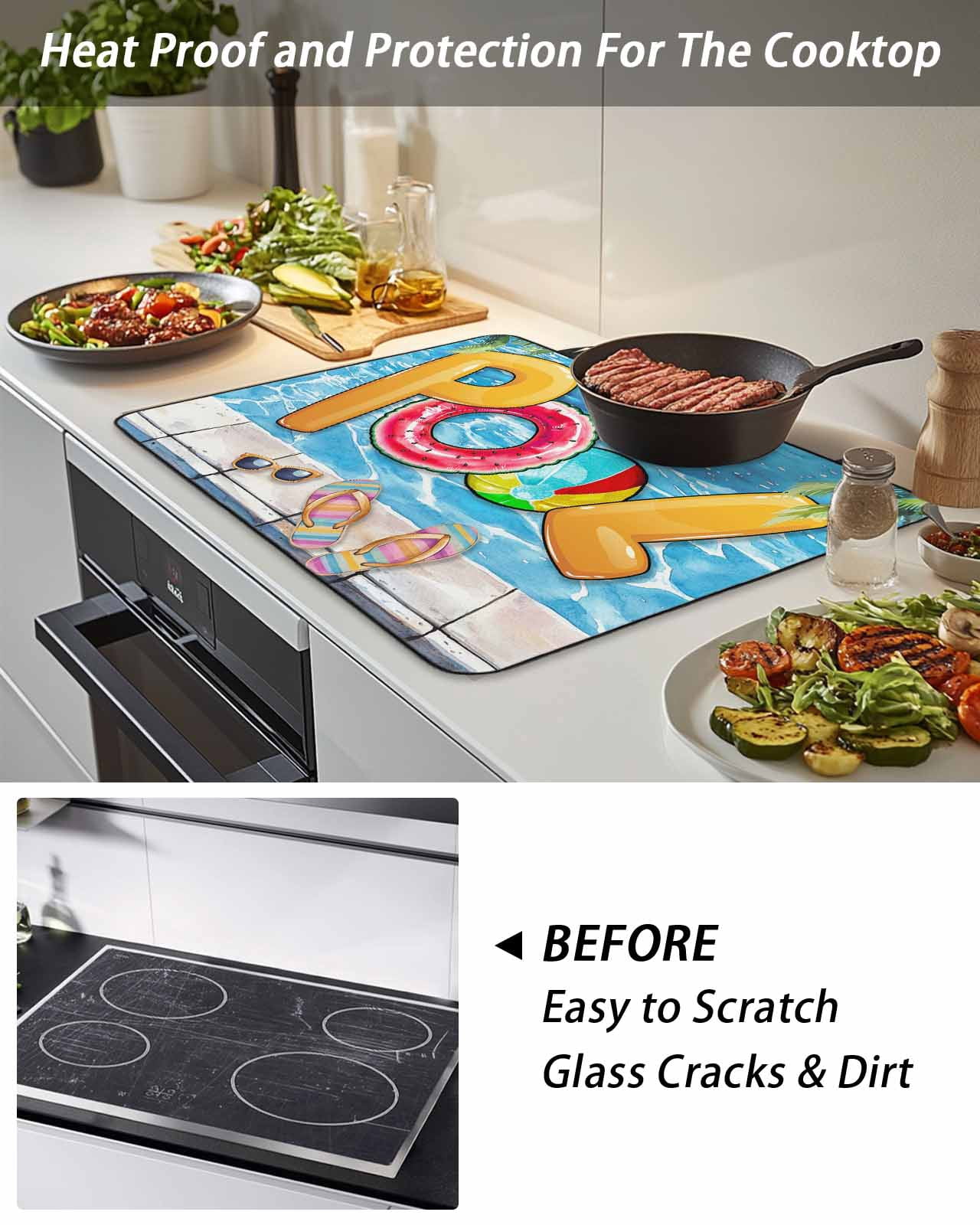 Stove Top Covers for Electric Stove, Blue Summer Pool Glass Stovetop Cover Protector, Watermelon Swimming Ring Slippers Induction Cooktop Protector Oven Mat for Kitchen Countertop 24"x21"