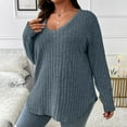 thumbnail image 2 of DHFJKG Women's Ribbed Sweaters Plus Size V Neck Curved Hem Long Sleeve Loose Fit Knitwear Pullover Solid Color Cozy Jumper Tops, 2 of 5