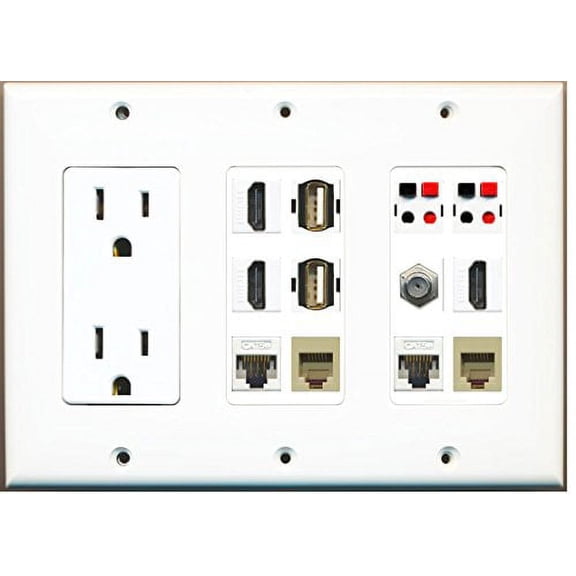 RiteAV (3 Gang 15A Outlet 3 HDMI Coax 2 Cat5e 2 Phone 2 Speaker Jack 2 USB Wall Plate