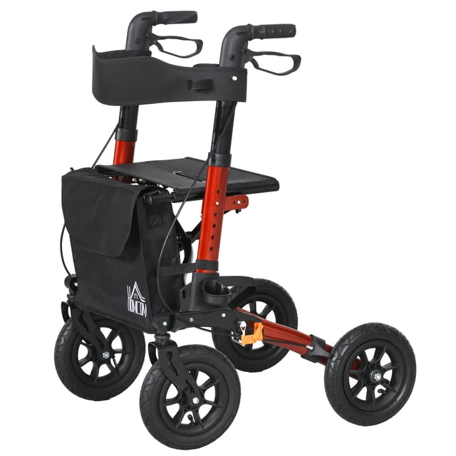 Déambulateur à Roulettes en Aluminium Rouge avec Siège et Sac de Rangement, Déambulateur à Roulettes Pliable avec Poignée Ajustable et Roues de 9,8 Pouces, Supporte jusqu'à 299 Lb, pour Usage Intérieur et Extérieur