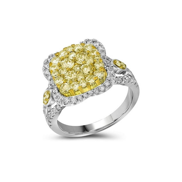 14kt White Gold Womens Round Canary Yellow Diamond Cluster Ring 1-3/4 Cttw