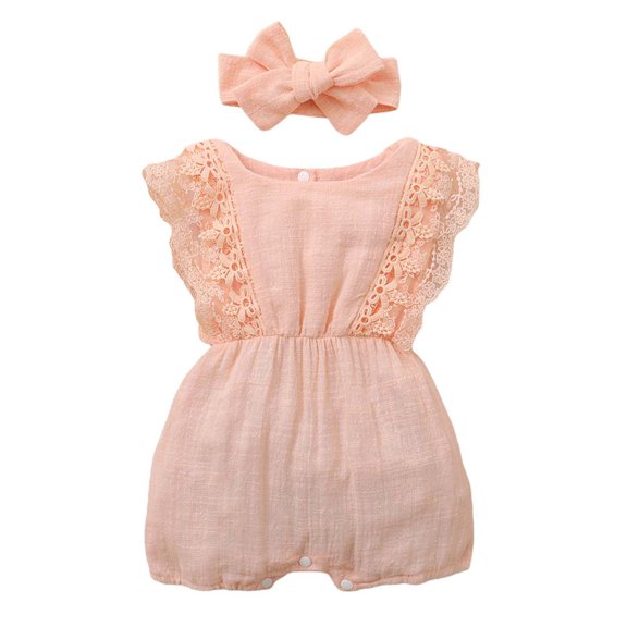 LMLYSoH Toddler Girls Clothes Set, Sleeveless Short Romper with Lace Shoulder Bow-knot Headband for Summer