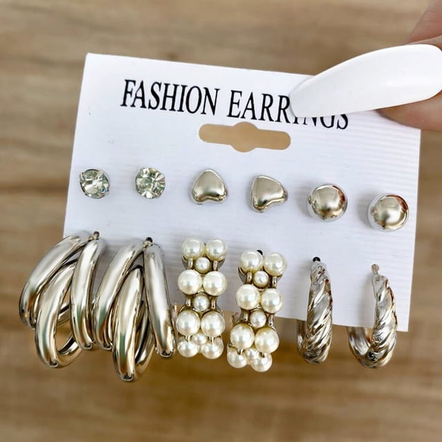 Pendientes sencillos, personalidad creativa, moda, con incrustaciones de diamantes de imitación, juego de pendientes de círculo grande, 6 pares, estilo versátil fácil de usar