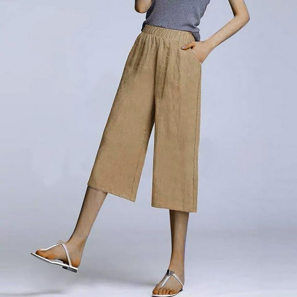 Womens Cotton Linen Pants Elastic High Waist Capri Pants Loose Wide Leg  Lounge Pants Summer Beach Trousers with Pockets
