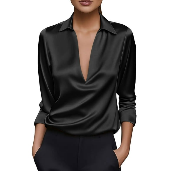 Floleo Women Elegant Solid Color Long Sleeve Round Collar Top Shirt Casual Comfortable Stylish Feminine Everyday Wear Trendy Versatile Fashion(Black,S)