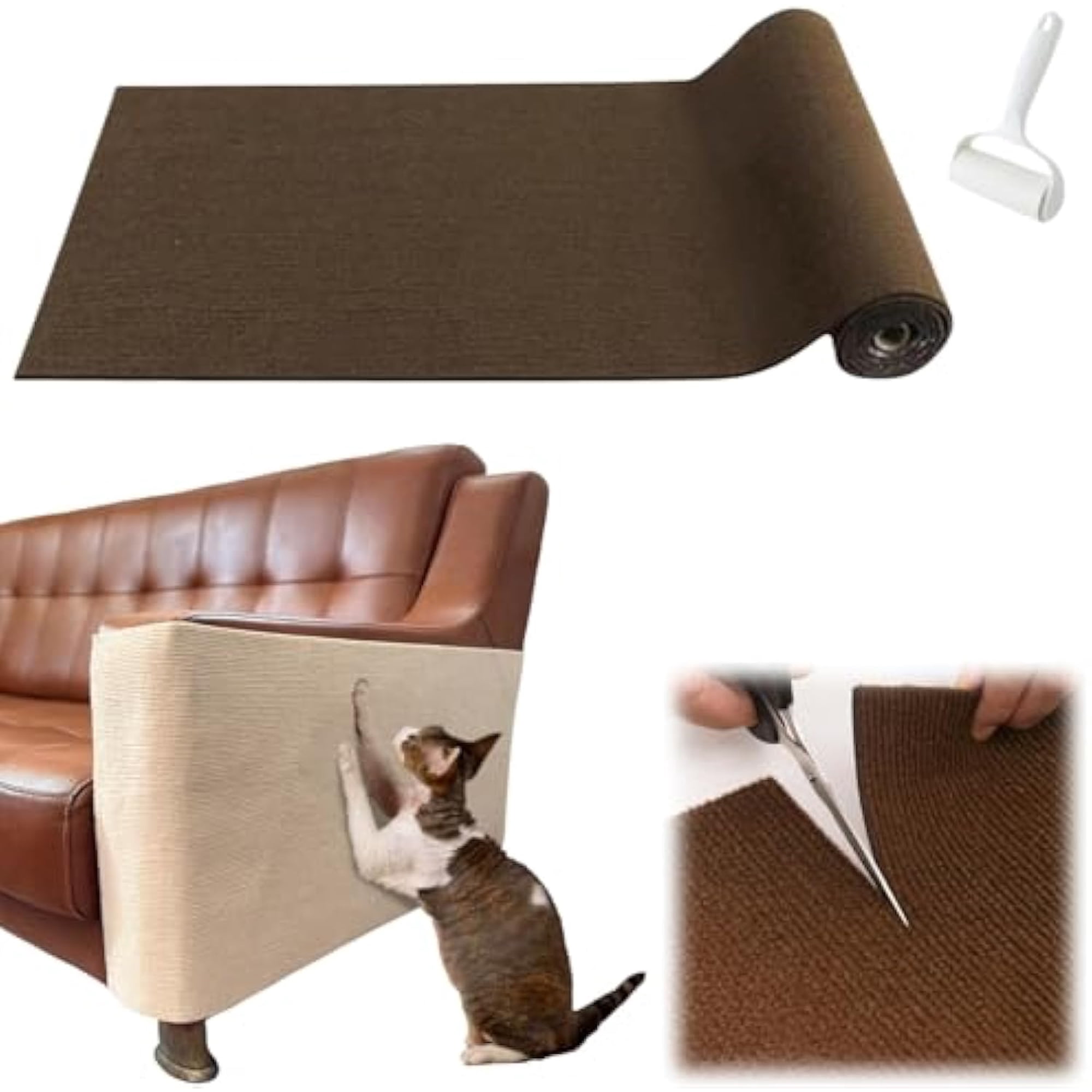 Pawmingle Cat Scratching Carpet Self Adhesive Cats Scratches Mat Trimmable Sisal Cat Scratching Mat for Furniture Protector (Brown 11.8in*39.4in)