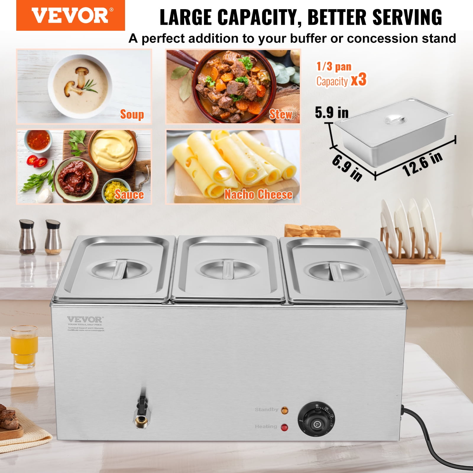 VEVOR 3-Pan Commercial Food Warmer, 17.4QT Electric Steam Table, 1200W Professional Countertop Stainless Steel Buffet Bain Marie with 86-185°F Temp Control for Catering and Restaurants, Silver