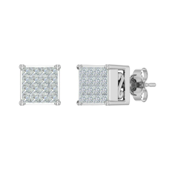 10K White Gold Princess cut Diamond Square Cluster Stud Earrings (3/4 Carat)
