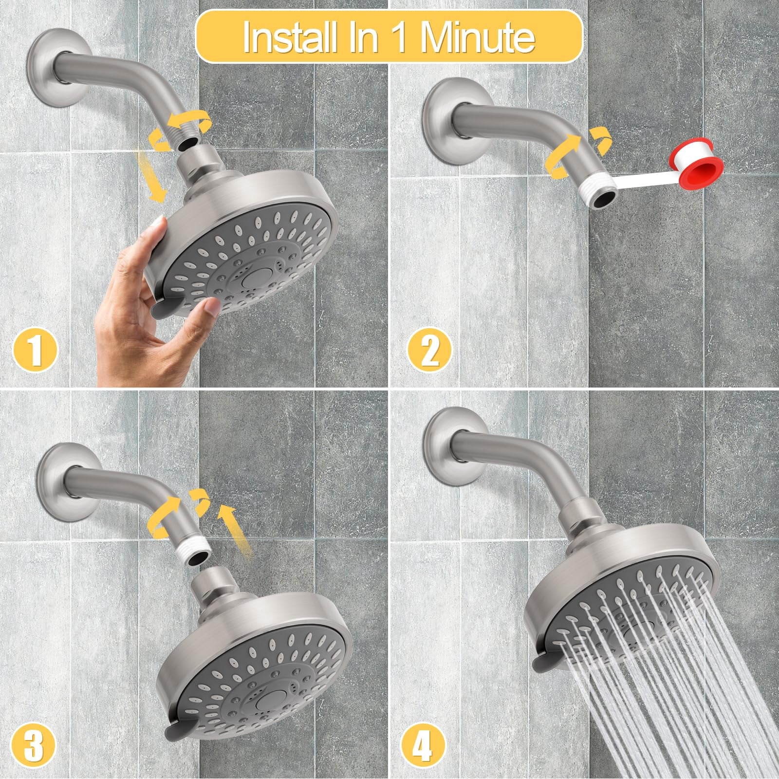 Shower Head High Pressure Rain Fixed Showerhead 5-Setting with Adjustable Metal Swivel Ball Joint - Relaxed Shower Experience Even at Low Water Flow & Pressure