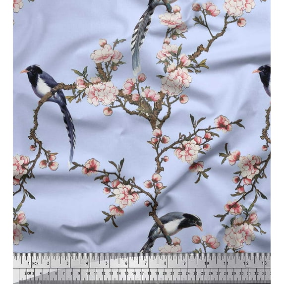 Soimoi Blue Poly Georgette Fabric Floral & Paradise Whydah Bird Print Fabric by the Yard 52 Inch Wide