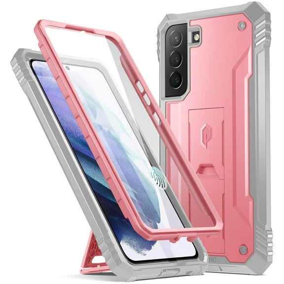 Poetic Revolution Case for Samsung Galaxy S22  Plus 5G 6.7 inchh, Built-in Screen Protector Work with Fingerprint ID, Full Body Rugged Shockproof Protective Cover Case with Kickstand, Light Pink