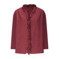 thumbnail image 4 of Tops for Women under $5 Cotton Linen 3/4 Sleeve V Neck Buttons Ruffles Summer Solid Shirts Wine, 4 of 6