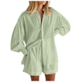 thumbnail image 2 of Short Sets for Women Textured Long Puff Sleeve Button Collared Shirt and Shorts 2 Piece Matching Set Beach Vacation Sets, 2 of 6