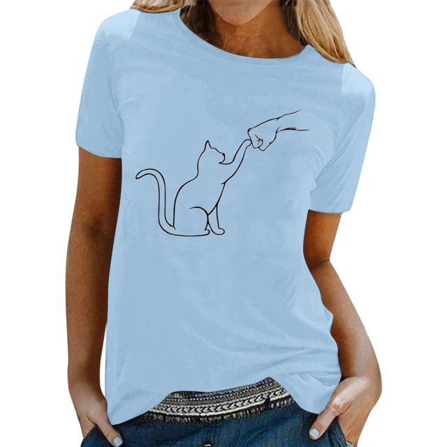 TSADFHJI Chandails en Molleton pour Femmes Tendance 2024 Printemps Été Imprimé Chats Manches Courtes Col Rond T-Shirt Haut TTG Bleu