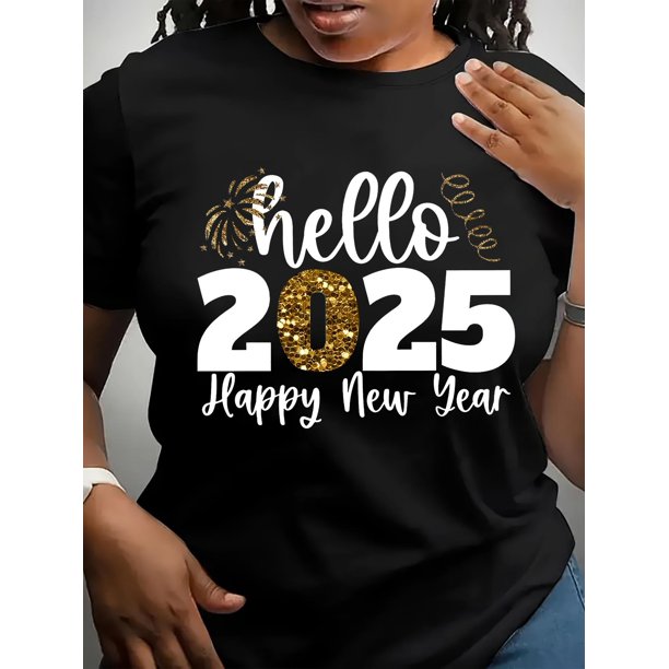 2025 Glitter Print Women's Graphic T-Shirt, Casual Crew Neck, Polyester Knit Fabric, Regular Length, for All Seasons