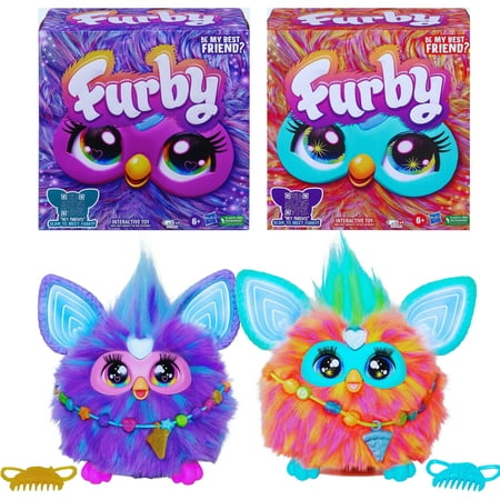 (10 PACKS) Furby Interactive Plush Toys 1 Purple and 1 Coral Set with 15 Fashion Accessories Voice Activated Toy for Kid Toddlers Christmas Holiday Birthday Gifts Set of 2 & CUSTOM Storage Carrier