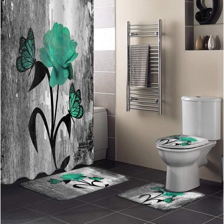 ZHANZZK Green Rose 4 Piece Bathroom Set Shower Curtain Bath Rug Contour Mat and Toilet Lid Cover