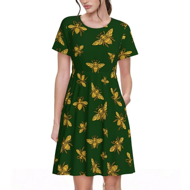Easygdp Hohey Bee para Vestido Transpirable de Mujer, Vestido Suelto de Manga Corta con Pliegues y Bolsillos para el Verano