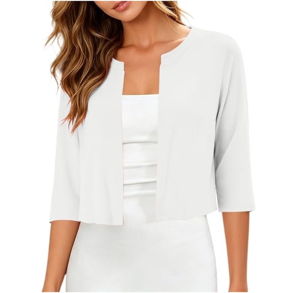 Women's Cropped Jackets 3/4 Sleeve Crew Neck Open Front Cardigan Summer Lightweight Trendy Casual Outwear (XL, White)